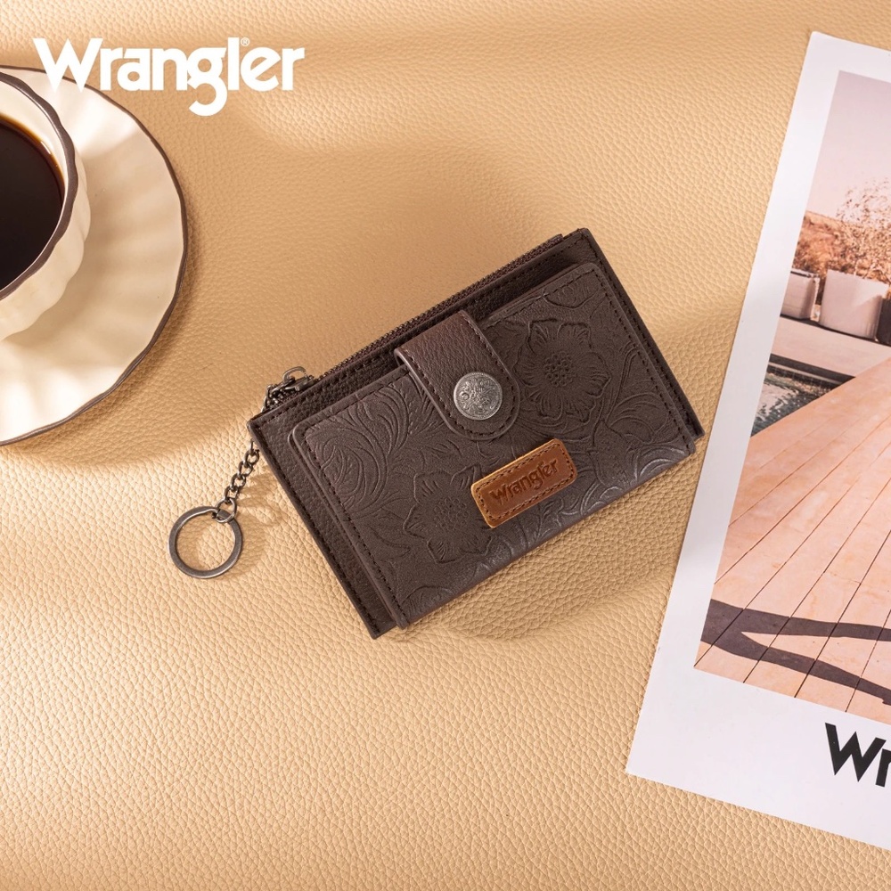 Wrangler Floral Embossed Bi-fold Wallet with Key Ring Coffee